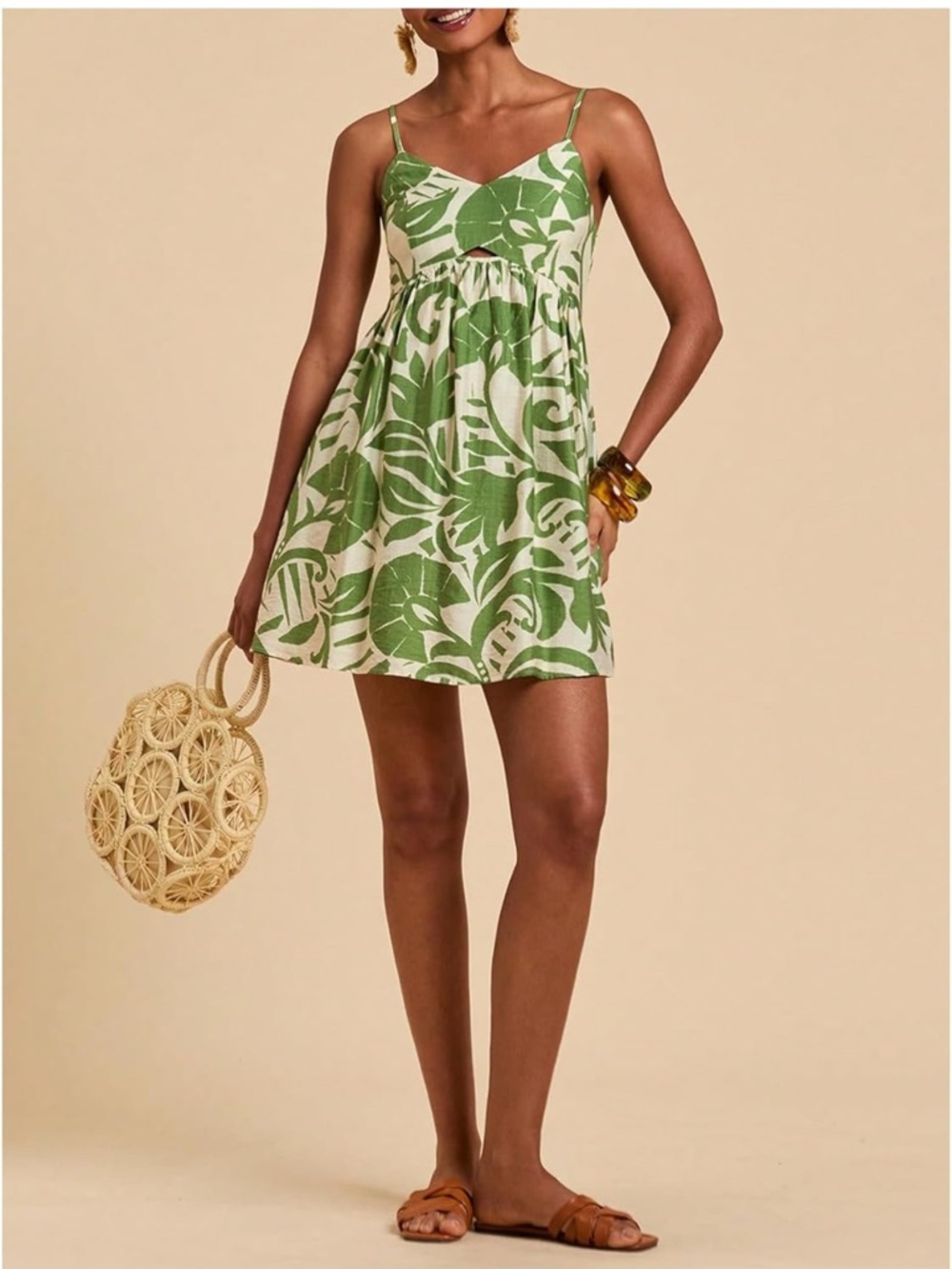 Green Tropical Print Spaghetti Strap Mini Dress- SMALL - Picture 5 of 7